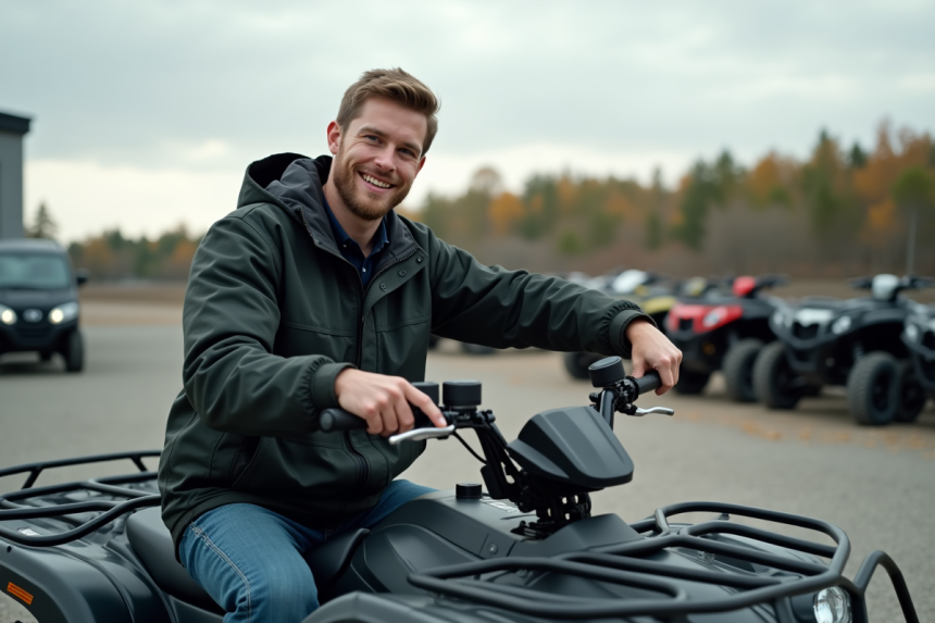 Jeune homme pointant le moteur d'un quad en extérieur