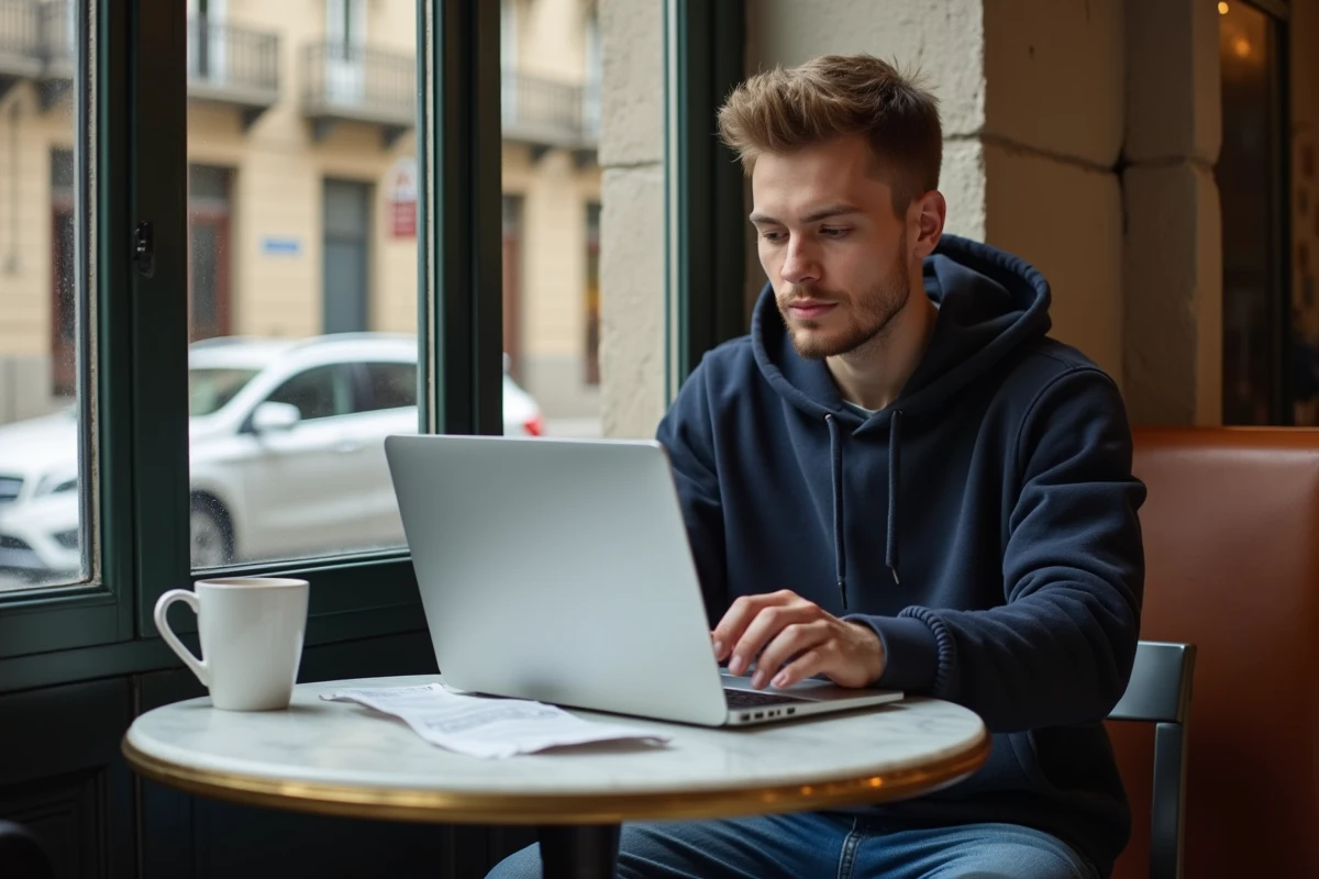 Jeune homme recherchant un code postal de Barcelone sur ordinateur dans un café de l'Eixample