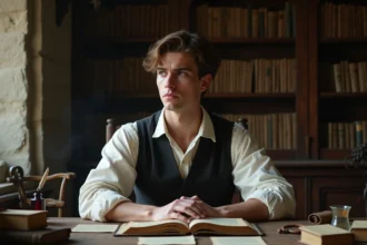 Jeune homme pensif lisant Le Rouge et le Noir de Stendhal dans un bureau ancien avec des livres et manuscrits