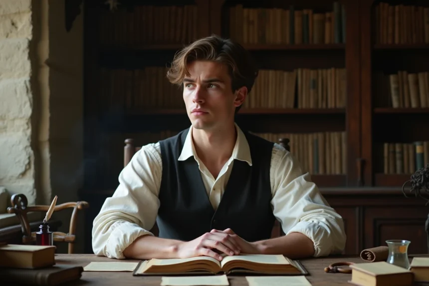 Jeune homme pensif lisant Le Rouge et le Noir de Stendhal dans un bureau ancien avec des livres et manuscrits