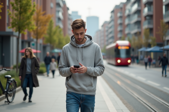 Jeune homme dans la ville en train de marcher avec son téléphone
