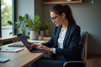 Jeune femme professionnelle utilisant une tablette dans un bureau moderne