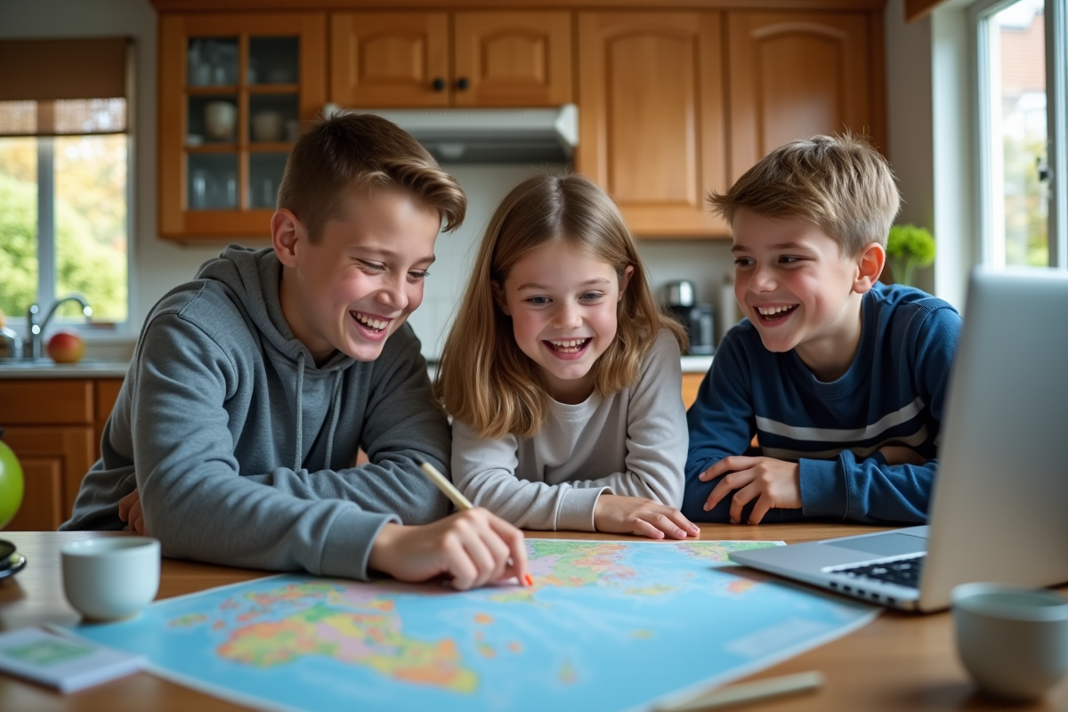 Adolescents discutant de destinations de voyage à la cuisine