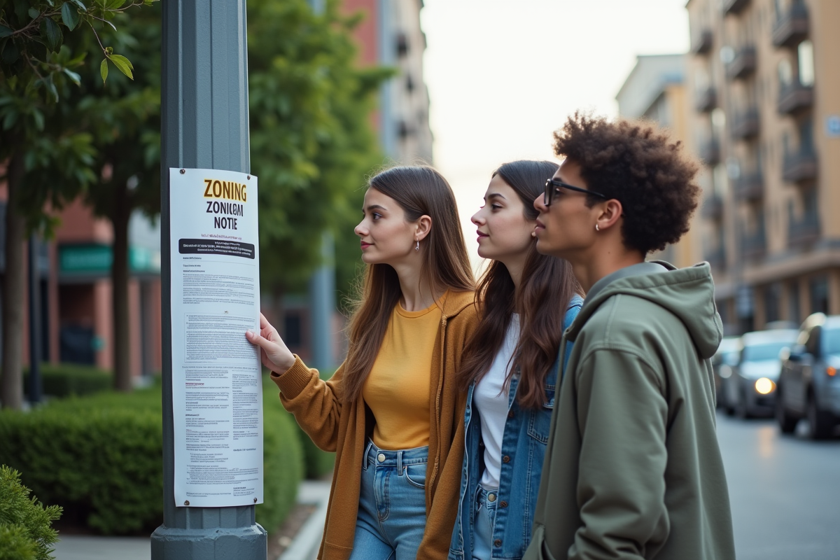 Jeunes regardant une affiche de zonage en extérieur