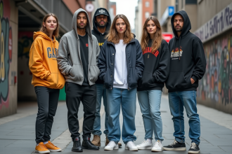 Groupe de jeunes adultes en streetwear urbain dans la ville