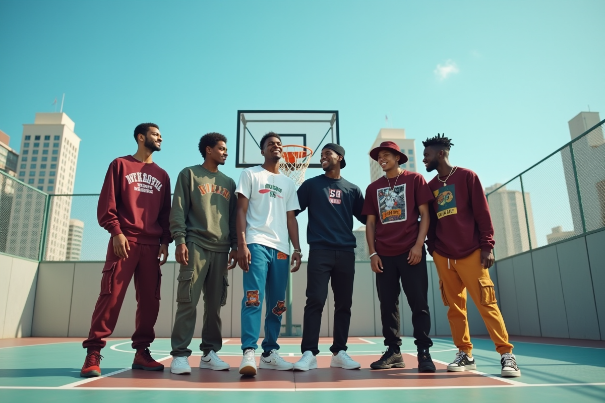 Groupe de jeunes en streetwear sur un terrain de basket urbain