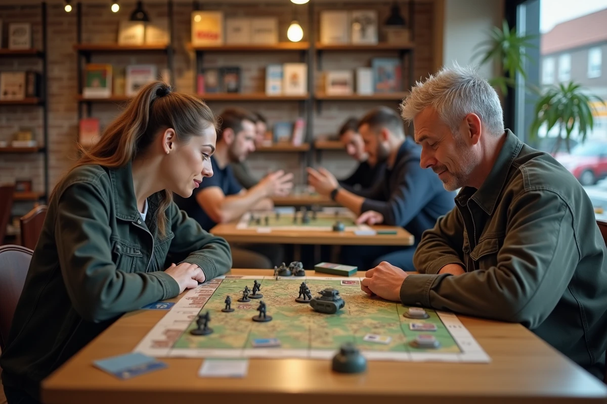 Deux joueurs adultes s'affrontent dans un jeu de stratégie militaire tour par tour dans un café de jeux de société
