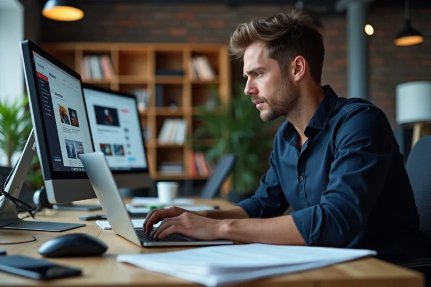 Journaliste tech masculin en train de rédiger un article sur un blog média numérique dans une salle de rédaction moderne