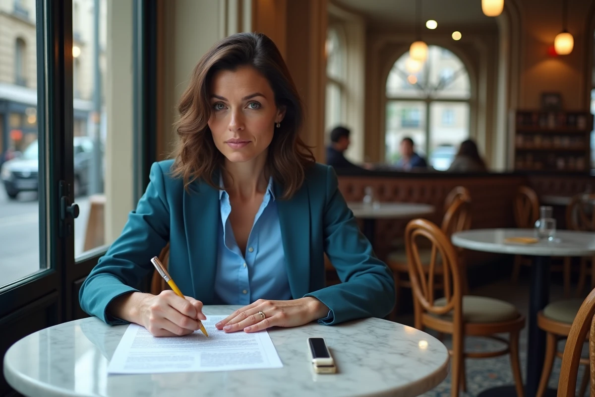 Journaliste femme analysant des notes dans un café parisien