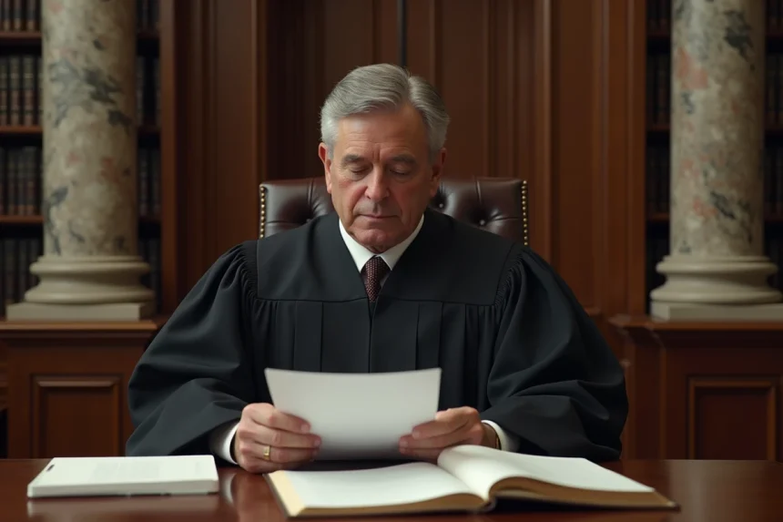 Juge en robe noire dans une salle de cour élégante