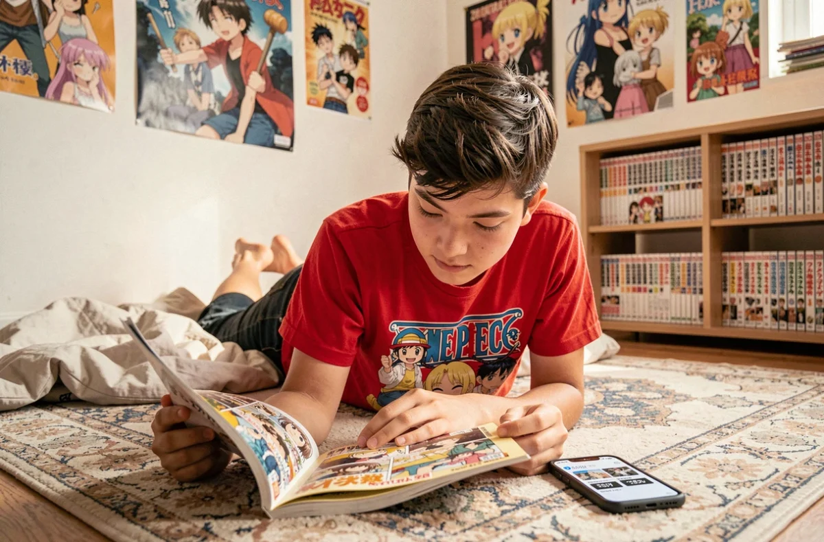 Adolescent lisant un volume manga One Piece sur le sol de sa chambre avec un smartphone affichant les dates de sortie des scans VO et VF