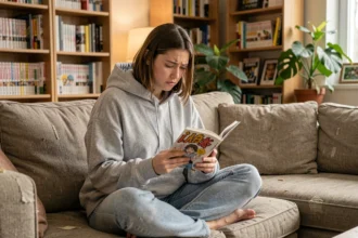 Jeune femme lisant un manga sur un canapé en réfléchissant aux risques des sites de lecture en ligne comme Epsilonscan FR