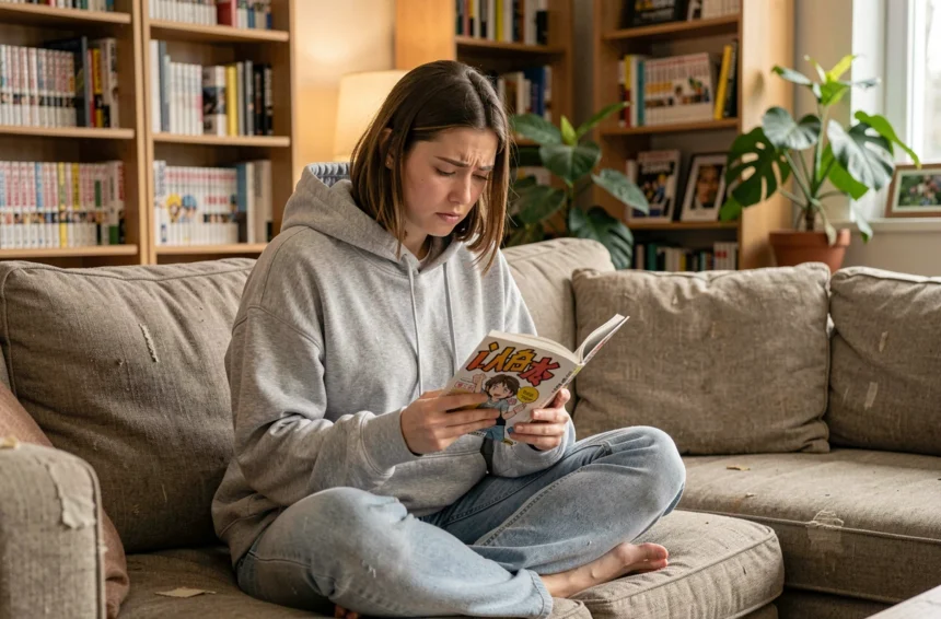 Jeune femme lisant un manga sur un canapé en réfléchissant aux risques des sites de lecture en ligne comme Epsilonscan FR