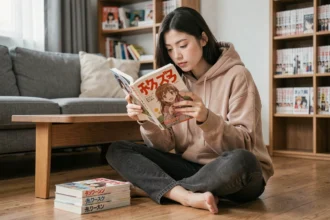 Jeune femme lisant un manga VF entourée de volumes empilés dans un appartement cosy