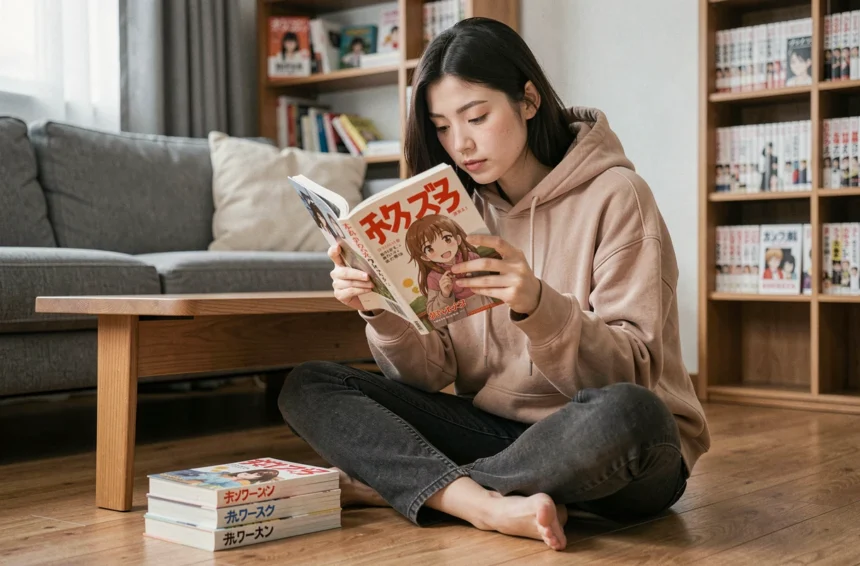 Jeune femme lisant un manga VF entourée de volumes empilés dans un appartement cosy