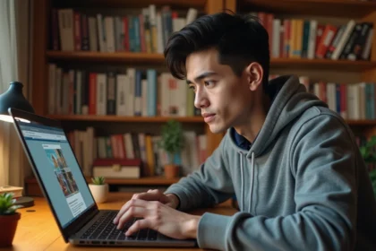 Jeune homme lisant un manhwa en ligne sur son ordinateur portable dans un bureau cosy rempli de mangas