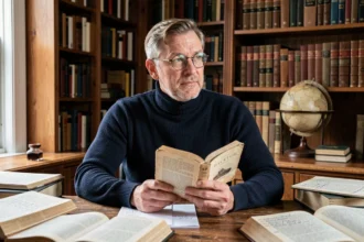 Homme pensif lisant un texte philosophique de Kierkegaard dans une bibliothèque personnelle en bois