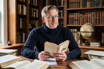 Homme pensif lisant un texte philosophique de Kierkegaard dans une bibliothèque personnelle en bois