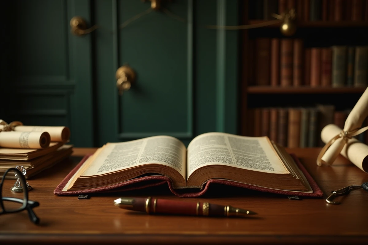 Vieux livres d'histoire et documents d'archives sur une table en bois dans une bibliothèque privée parisienne