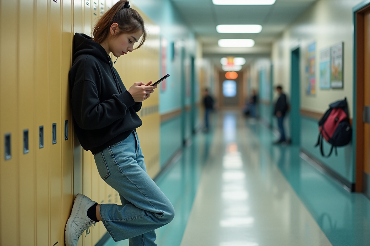 Fille de 16 ans en style décontracté dans un couloir de lycée