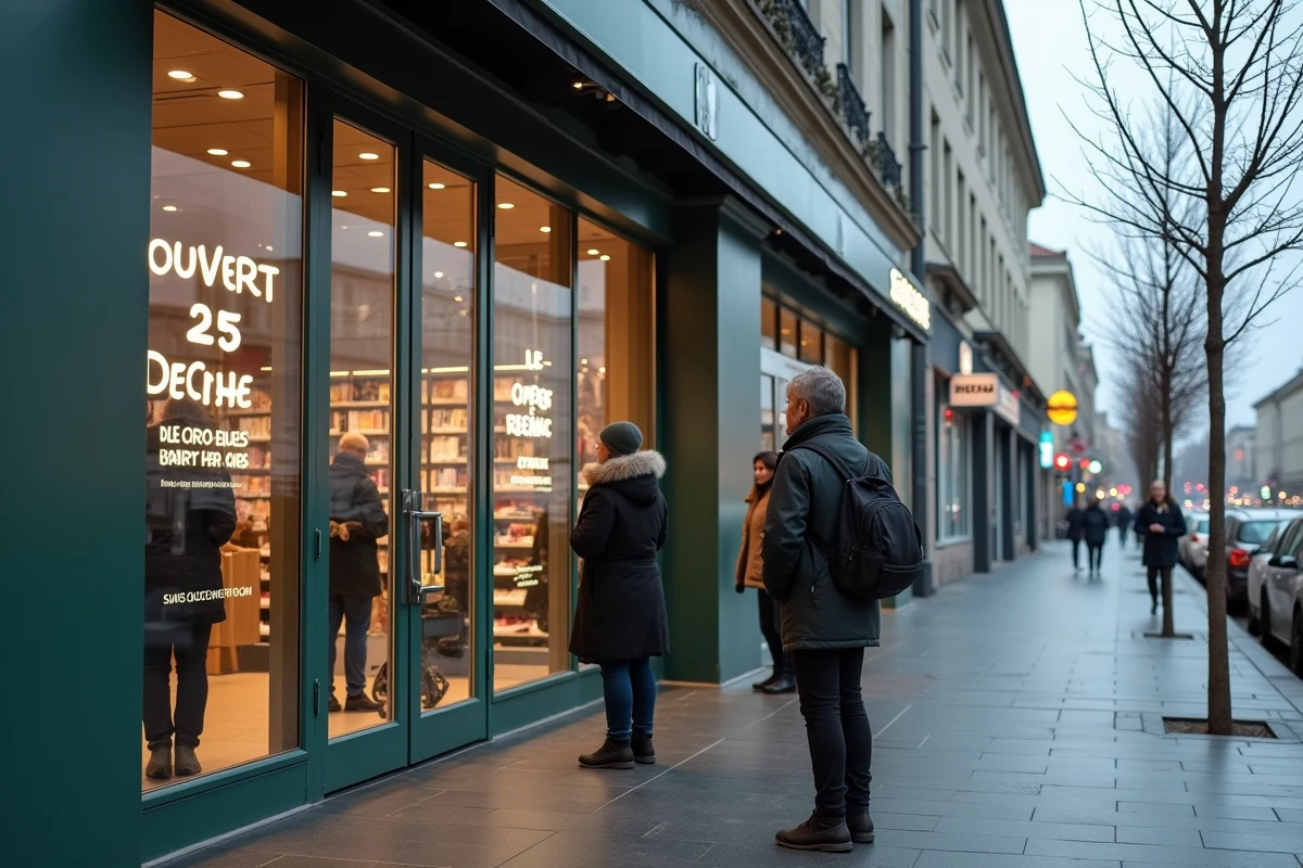 Devanture d'un magasin ouvert le 25 décembre avec des clients faisant la queue le matin de Noël