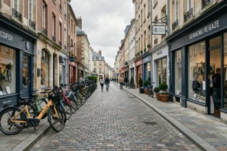 Vue panoramique d'une rue commerçante de Rouen en Seine-Maritime avec des vélos électriques exposés devant des boutiques spécialisées