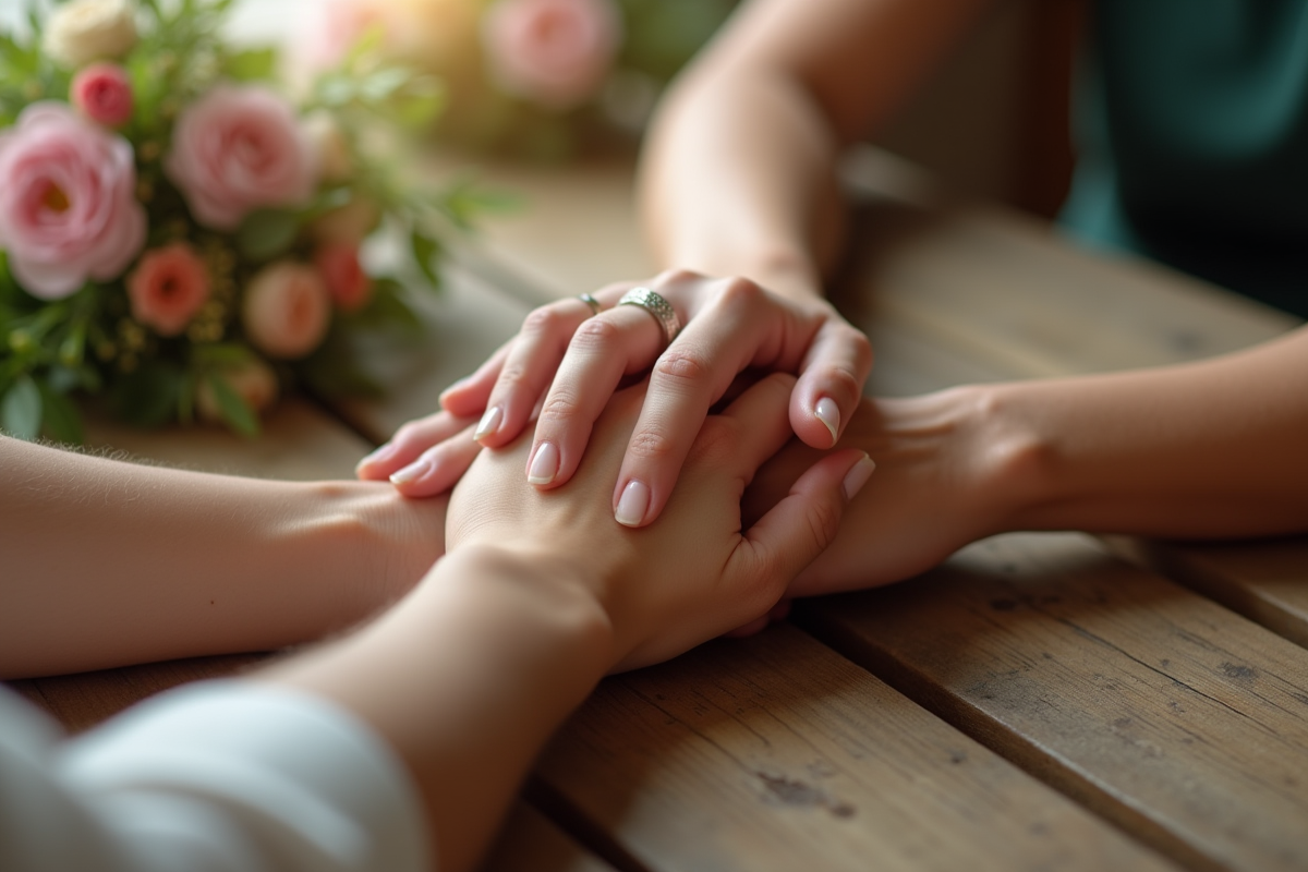 Mains entrelacees avec alliances sur une table en bois rustique