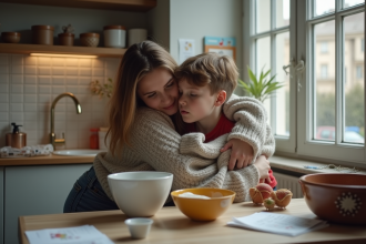Femme et enfant dans une cuisine chaleureuse et cosy