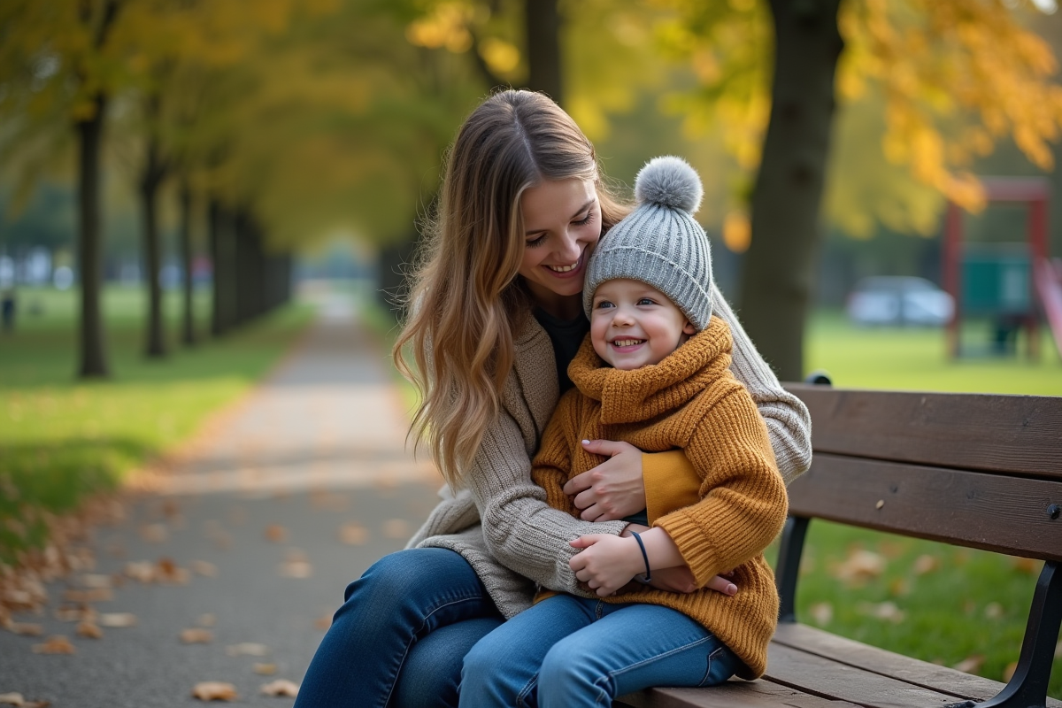 Maman et son enfant assis sur un banc dans un parc verdoyant