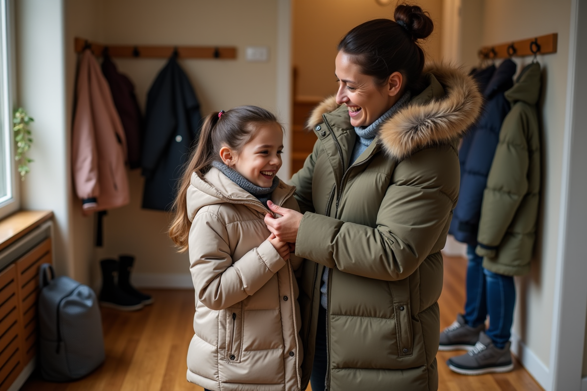 Mère ajustant le manteau de sa fille dans un intérieur chaleureux