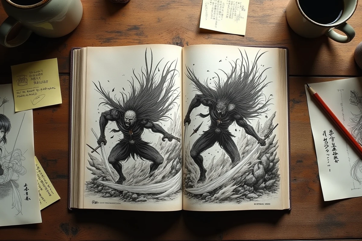 Manga Demon Slayer ouvert sur une scène de combat entre un Hashira et une Lune démoniaque, posé sur un bureau de lecteur avec des notes et croquis