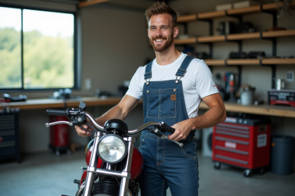 Jeune mecanicien assemble un guidon sur une Honda Dax
