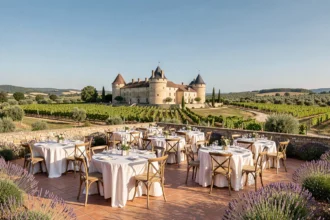 Vue panoramique d'une salle de réception en Occitanie avec terrasse, tables dressées et vignobles en arrière-plan