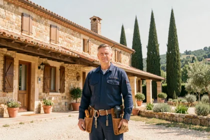 Électricien professionnel en tenue de travail devant une maison provençale ensoleillée, représentant les meilleurs électriciens de la région PACA