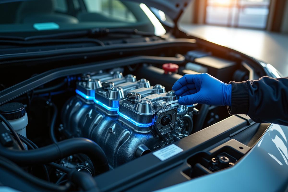 Détail d un moteur à pile hydrogene dans un garage
