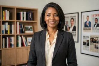 Femme d'origine nord-africaine en veste de tailleur dans un bureau éditorial moderne, portrait professionnel illustrant l'identité et la reconnaissance publique