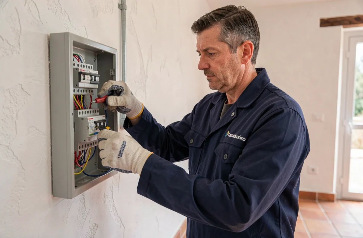 Électricien généraliste câblant un tableau électrique dans une maison provençale à Lambesc pour Ôcourant
