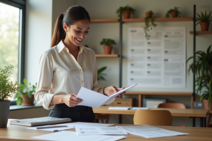 Femme en tenue professionnelle tenant un programme de cérémonie dans un bureau moderne