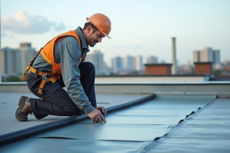 Ouvrier couvreur sur toit moderne appliquant une membrane