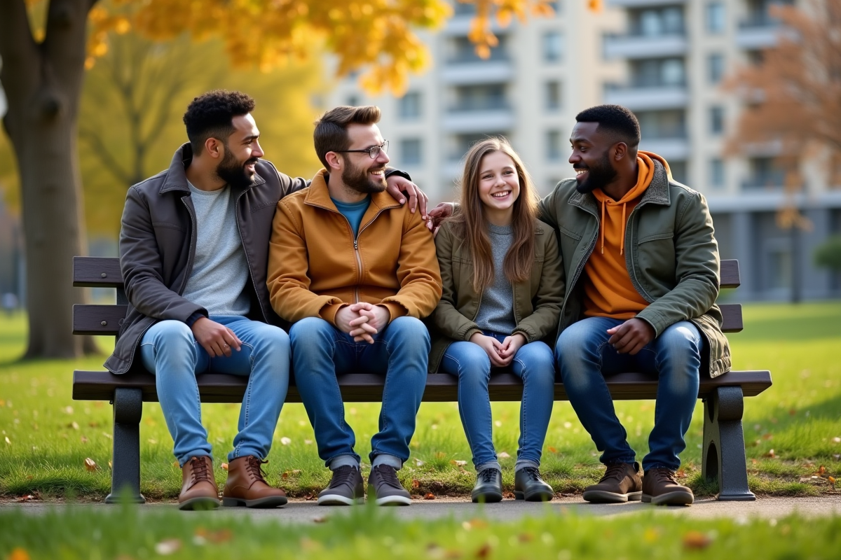 Deux pères discutant avec leurs enfants dans un parc