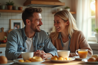 Couple souriant partageant un petit déjeuner maison dans une cuisine lumineuse