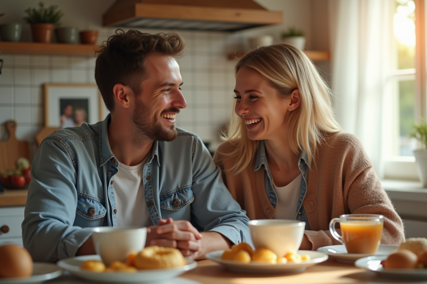 Couple souriant partageant un petit déjeuner maison dans une cuisine lumineuse