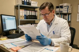 Pharmacien ARC assis à un bureau encombré de documents cliniques, l'air frustré en révisant un classeur réglementaire dans un bureau hospitalier