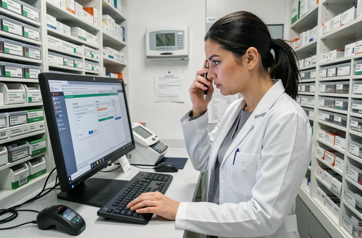 Pharmacienne ARC debout dans une officine hospitalière, concentrée sur un logiciel de gestion d'essai clinique affiché à l'écran