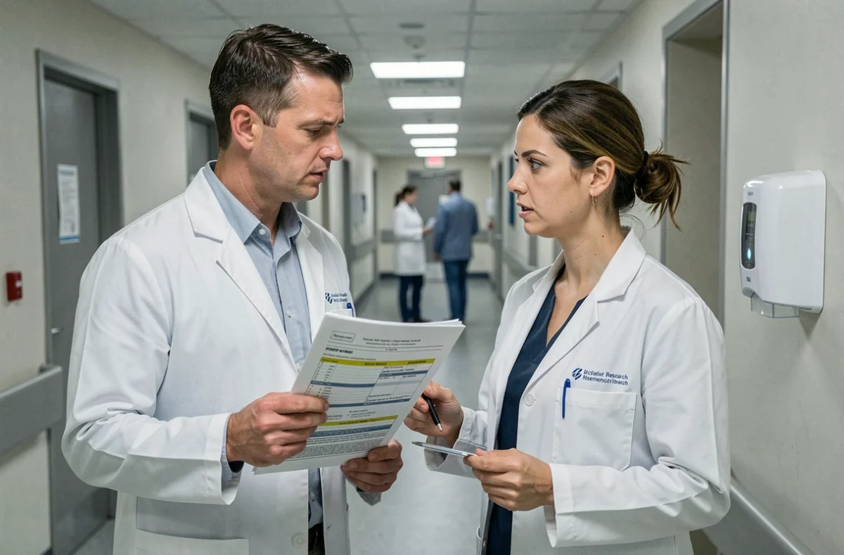 Deux pharmaciens ARC en discussion sérieuse dans un couloir hospitalier, examinant un protocole d'essai clinique annoté