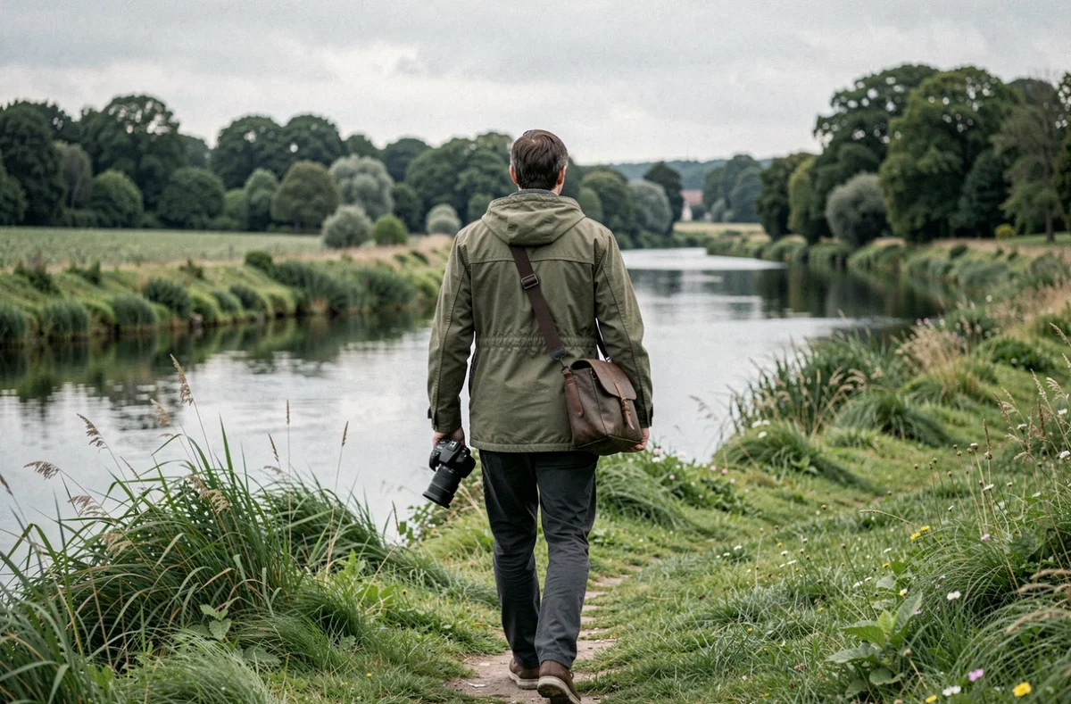 Photographe anonyme de dos marchant le long d'une rivière en Ille-et-Vilaine avec son équipement photo