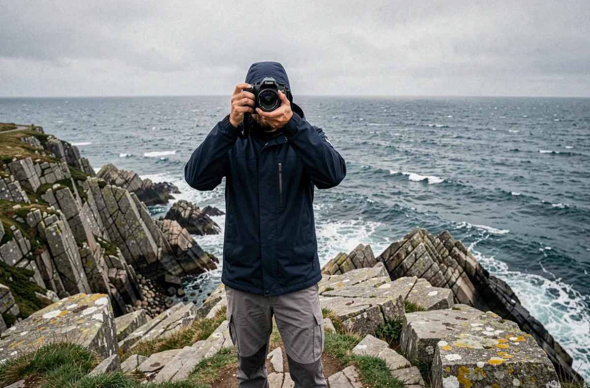 Photographe anonyme sur une falaise côtière d'Ille-et-Vilaine photographiant la mer avec son appareil levé