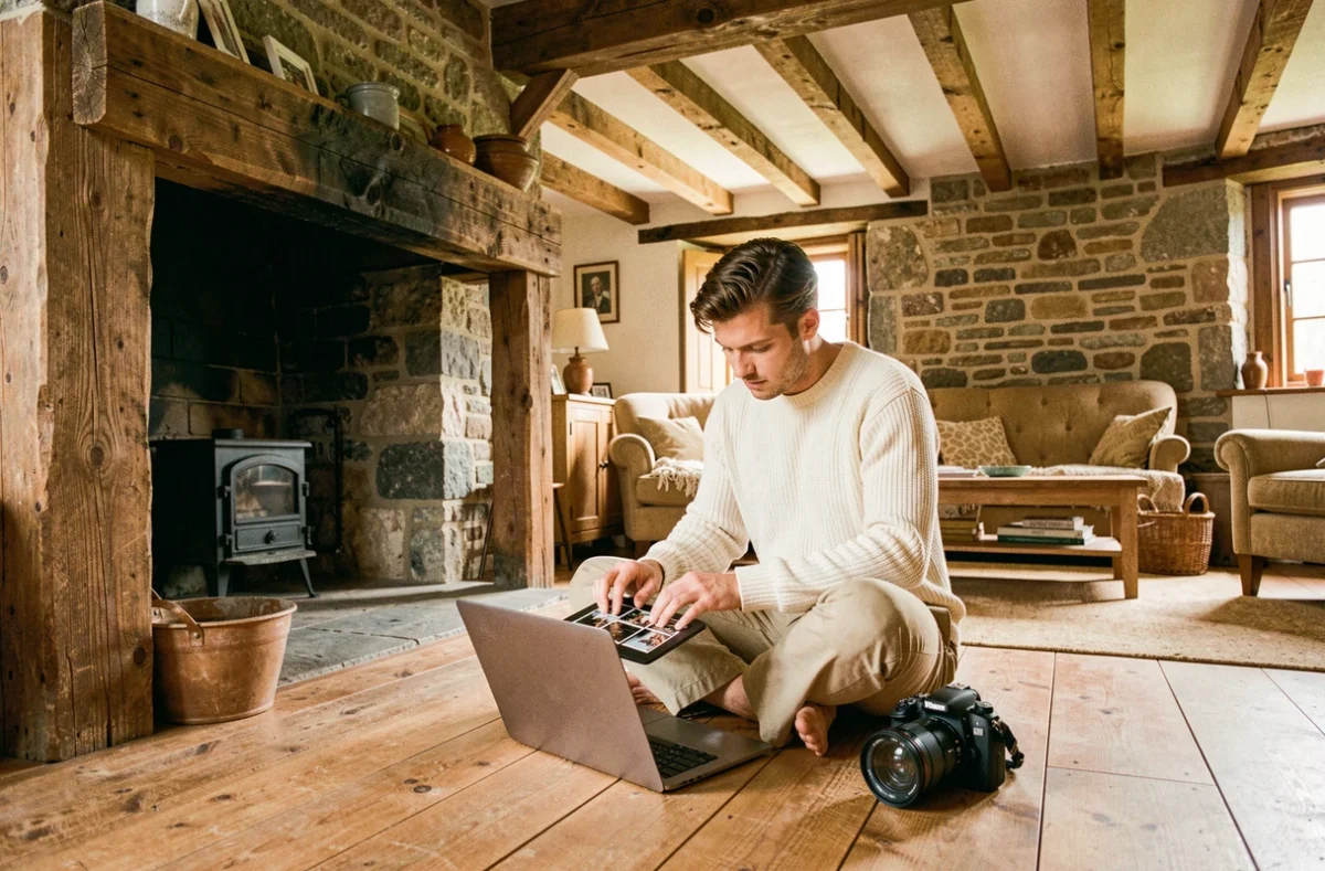 Photographe anonyme révisant ses images sur un ordinateur portable dans une ferme bretonne traditionnelle