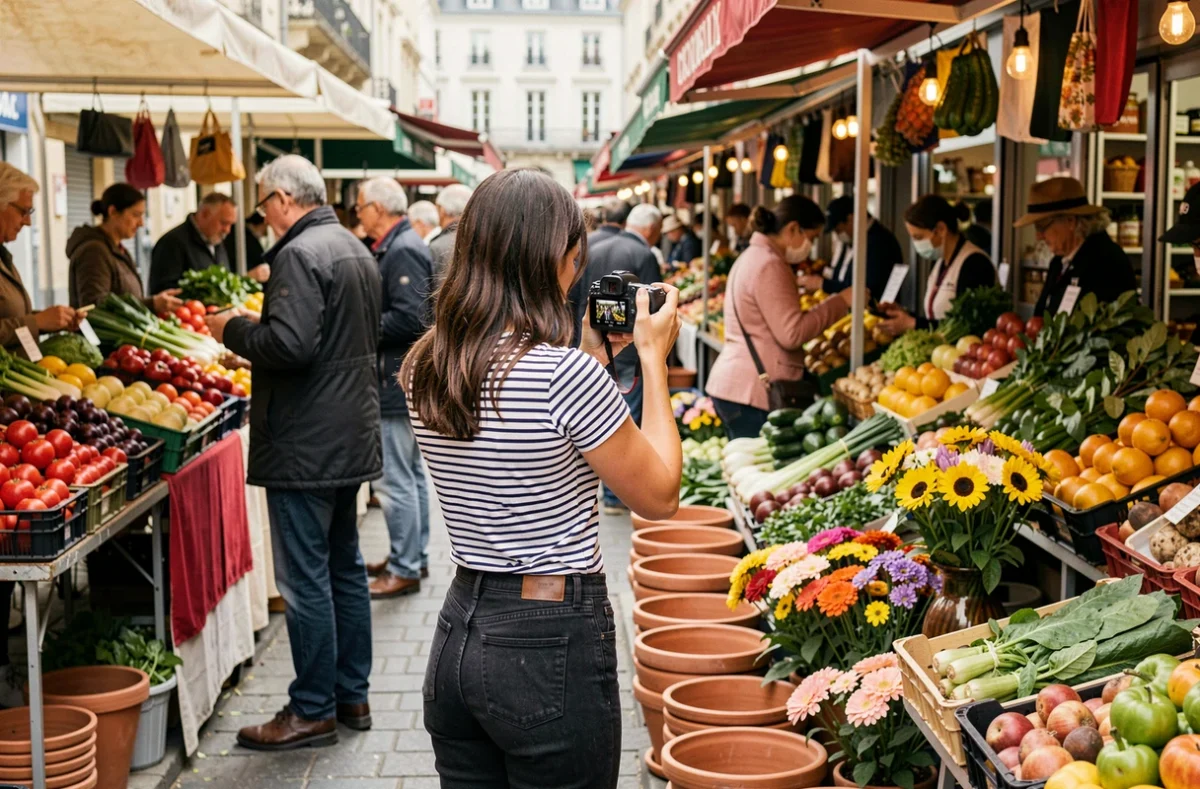 Photographe anonyme capturant des scènes de marché en plein air à Rennes en Ille-et-Vilaine