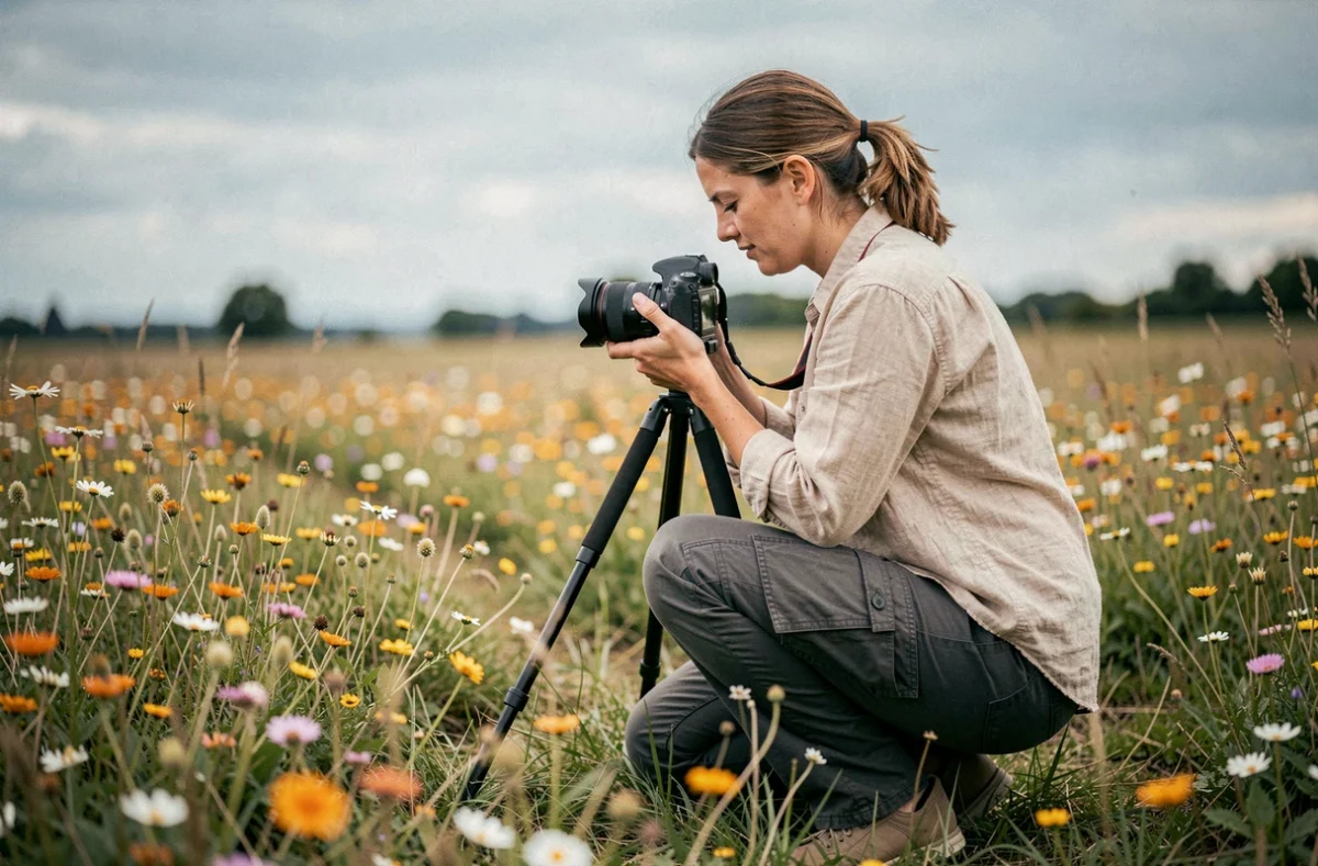 Photographe anonyme en pleine nature bretonne, accroupie au milieu de fleurs sauvages en Ille-et-Vilaine